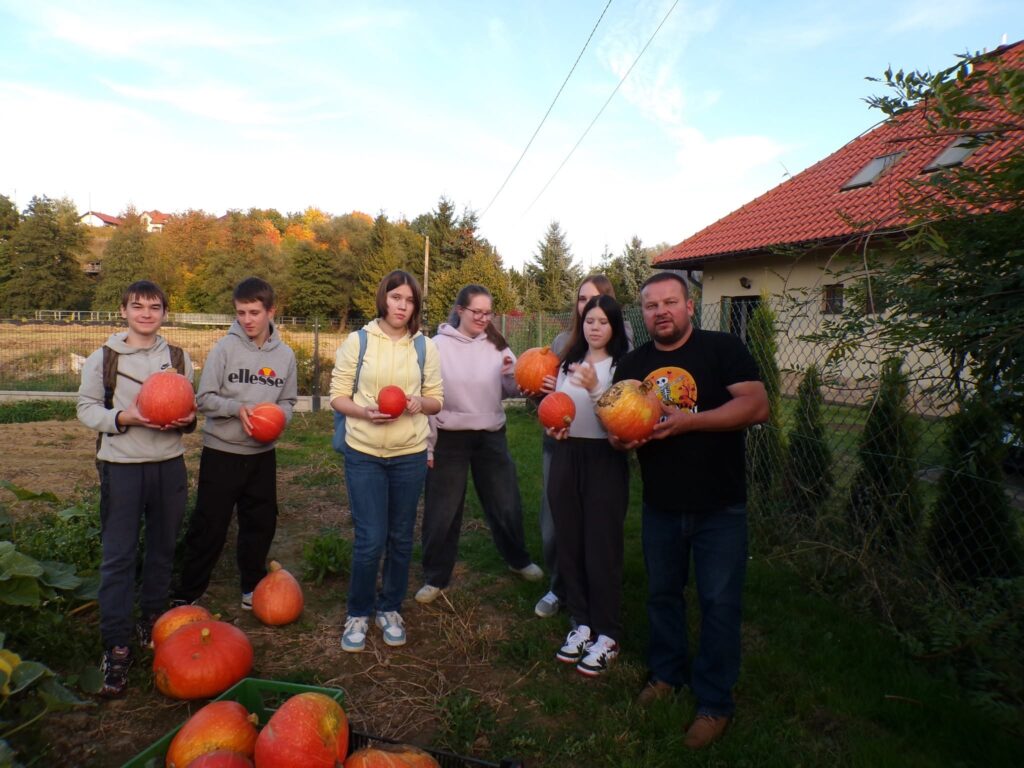 Wychowankowie Bursy Szkolnej w Miechowie podczas warsztatów artystyczno-integracyjnych z okazji Halloween. Zdjęcia przedstawiają zbieranie dyń w gospodarstwie rolnym, tworzenie halloweenowych lampionów, malowanie ozdób gipsowych oraz wspólną pracę i integrację młodzieży podczas zajęć.